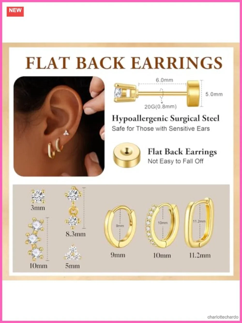 14K Gold-Plated Hypoallergenic Stud Hoop Earrings Set for Women